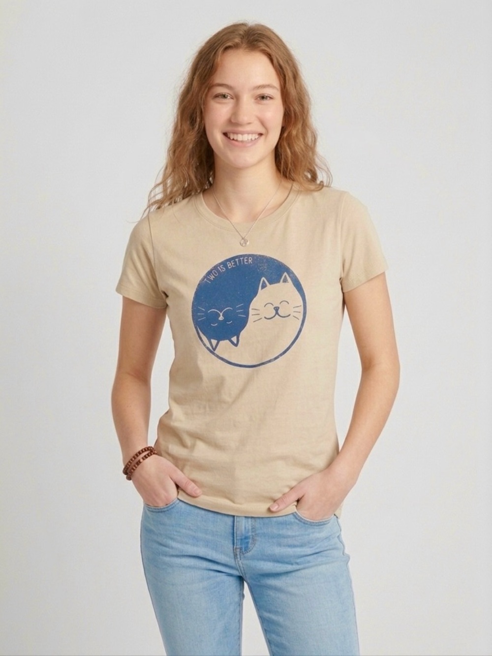 Life is Good Women’s Cat Yin and Yang Short Sleeve Crusher Tee Beige Blue Sz XS